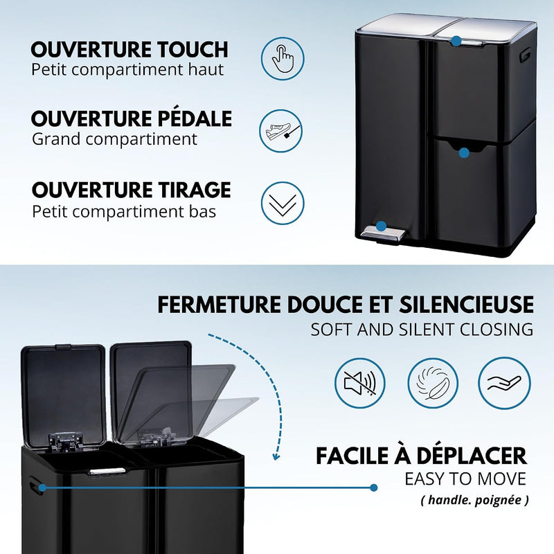 Kitchen Waste Bin with Pedal Recycling 60L Stainless