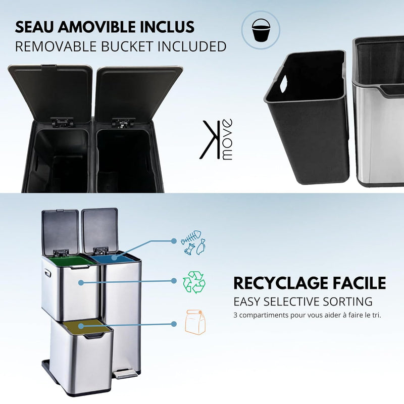 Kitchen Waste Bin with Pedal Recycling 60L Stainless