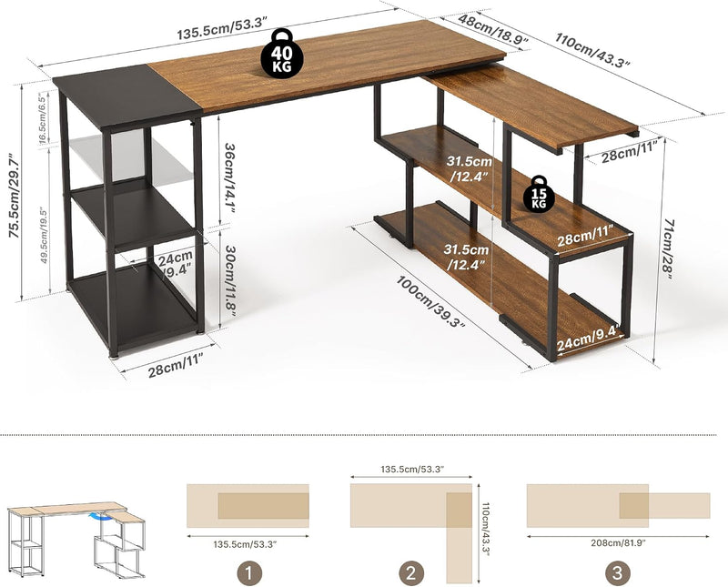 L Shaped Computer Desk Corner Rotating Shelves