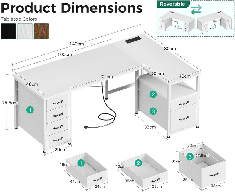 L Shaped Computer Desk with 6 Drawers Power