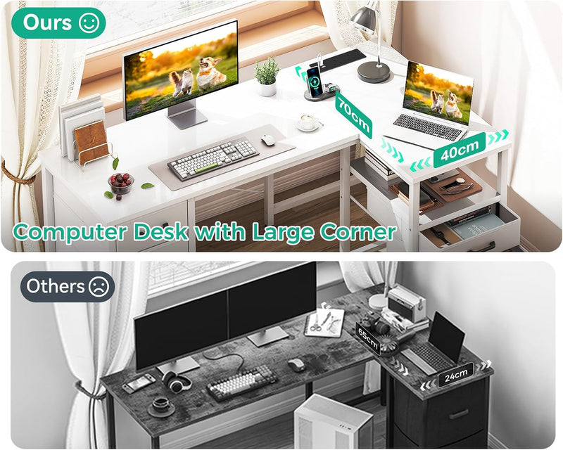 L Shaped Computer Desk with 6 Drawers Power