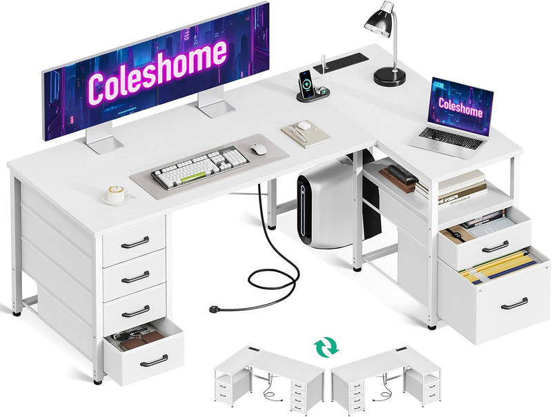 L Shaped Computer Desk with 6 Drawers Power