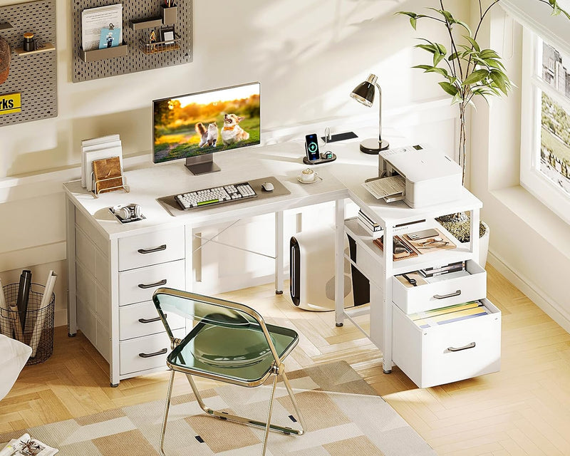 L Shaped Computer Desk with 6 Drawers Power