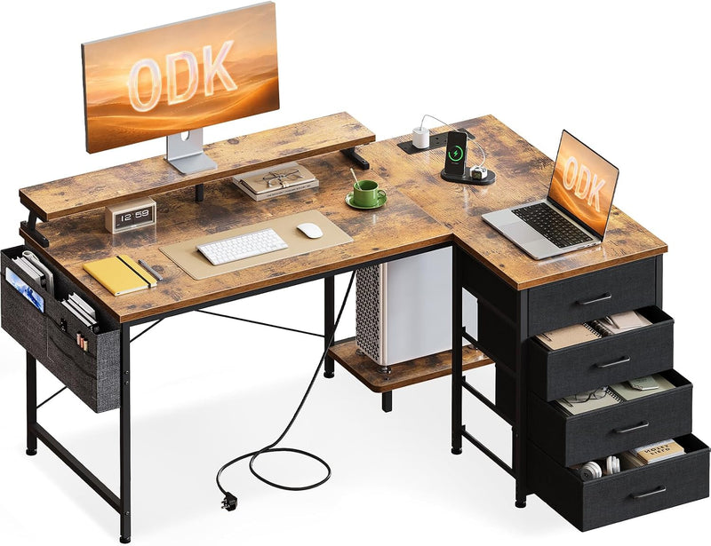 L Shaped Computer Desk with Drawers Monitor Stand