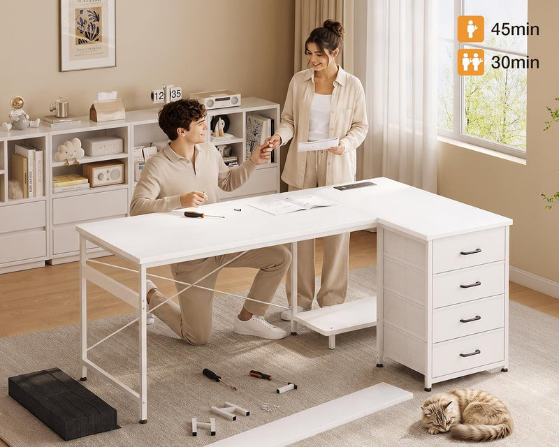 L Shaped Computer Desk with Drawers Monitor Stand