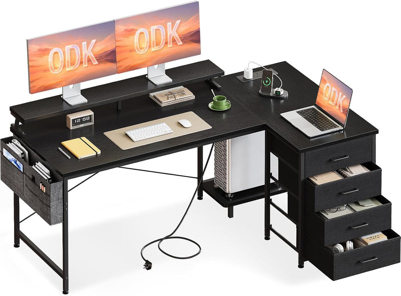 L Shaped Computer Desk with Drawers Monitor Stand