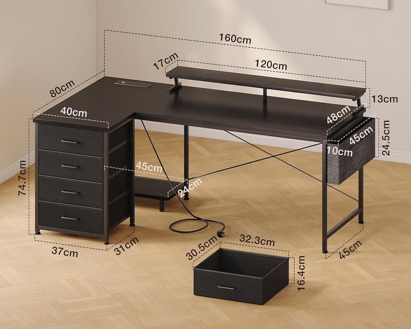 L Shaped Computer Desk with Drawers Monitor Stand