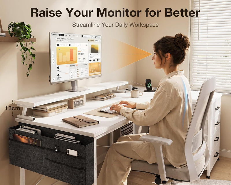 L Shaped Computer Desk with Drawers Monitor Stand
