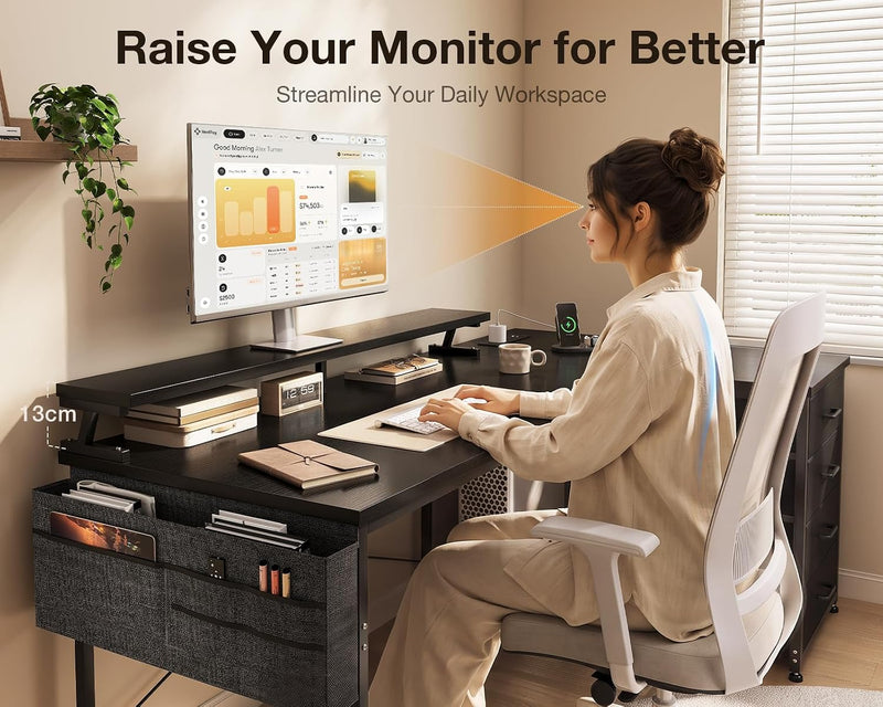 L Shaped Computer Desk with Drawers Monitor Stand