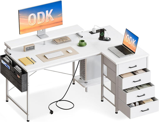 L Shaped Computer Desk with Drawers Monitor Stand