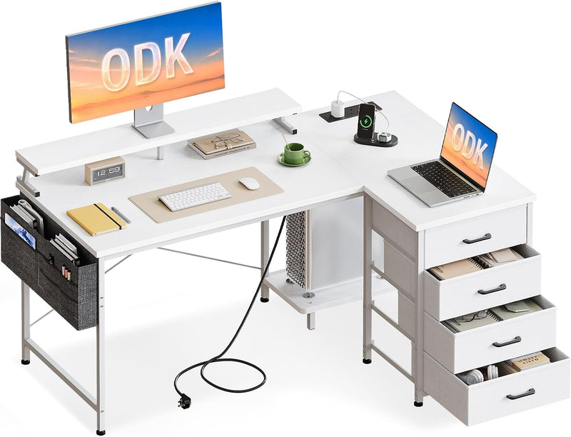 L Shaped Computer Desk with Drawers Monitor Stand