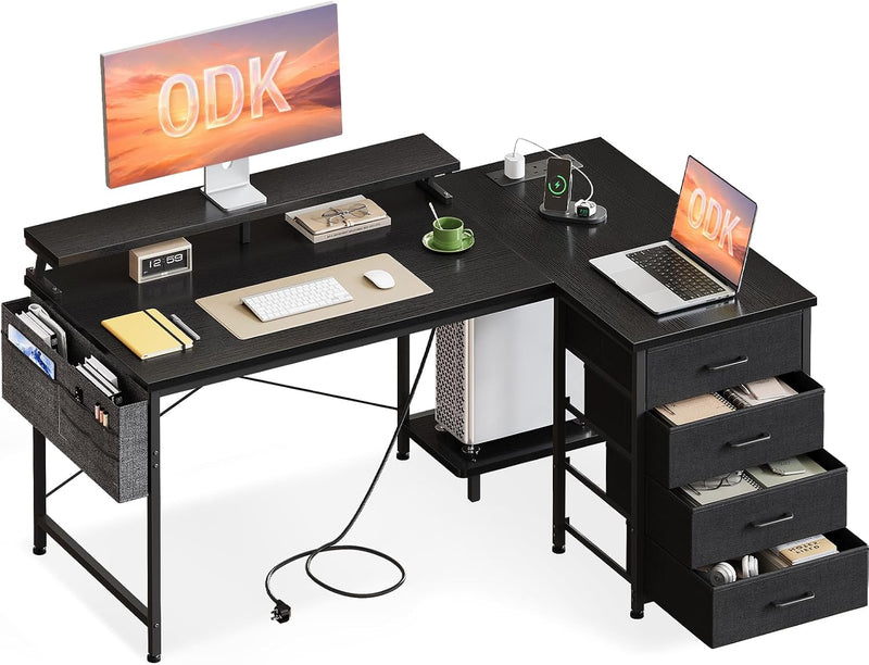 L Shaped Computer Desk with Drawers Monitor Stand