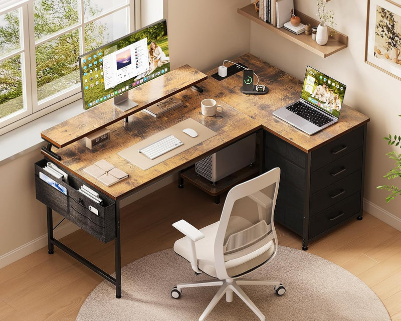 L Shaped Computer Desk with Drawers Monitor Stand