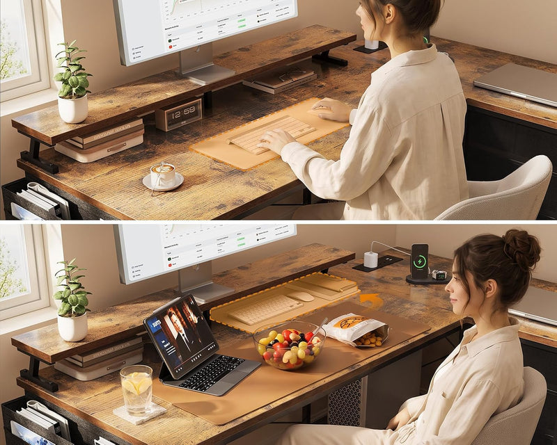 L Shaped Computer Desk with Drawers Monitor Stand