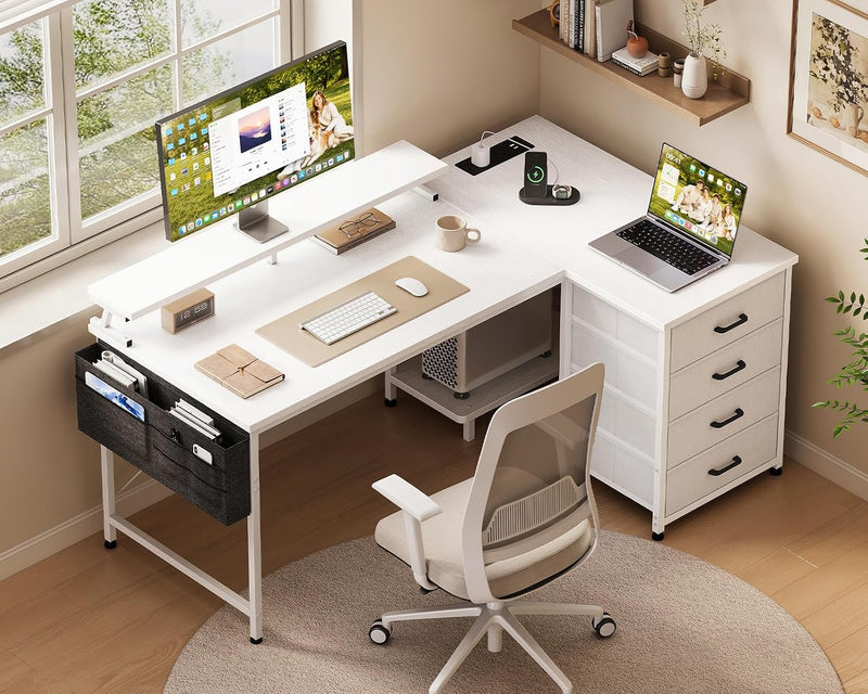 L Shaped Computer Desk with Drawers Monitor Stand