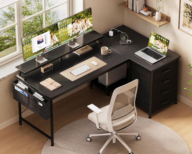 L Shaped Computer Desk with Drawers Monitor Stand