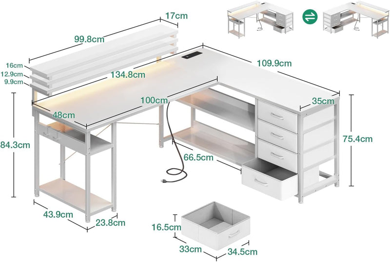 L Shaped Corner Desk with Drawers Power Outlet