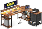 L Shaped Corner Desk with Drawers Power Outlet