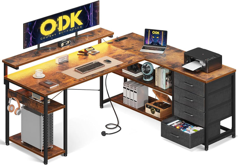 L Shaped Corner Desk with Drawers Power Outlet