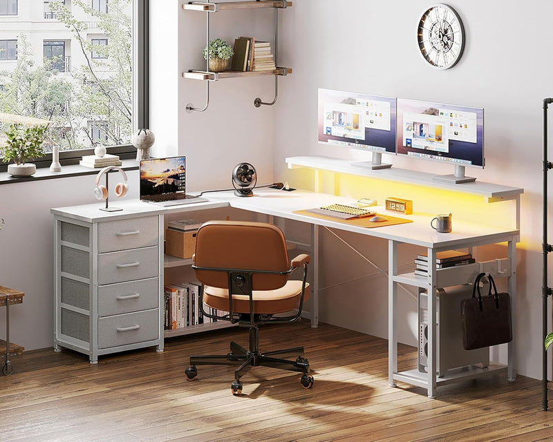 L Shaped Corner Desk with Drawers Power Outlet