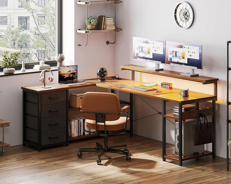 L Shaped Corner Desk with Drawers Power Outlet