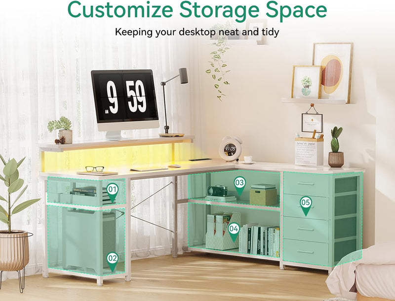 L Shaped Corner Desk with Drawers Power Outlet