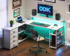 L Shaped Corner Desk with Drawers Power Outlet