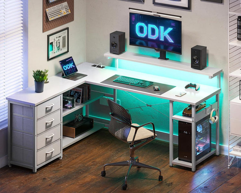 L Shaped Corner Desk with Drawers Power Outlet