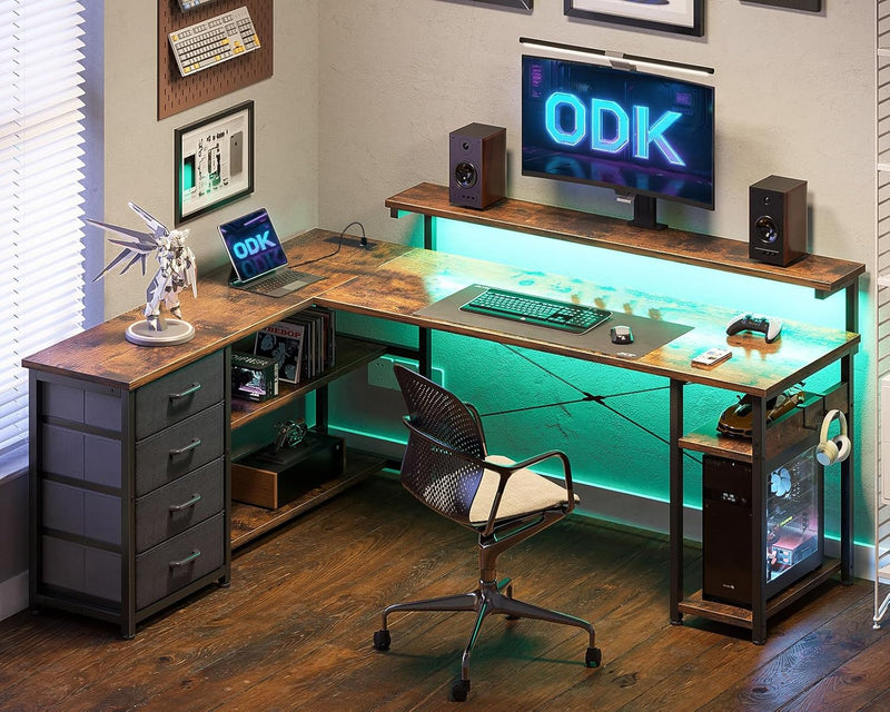 L Shaped Corner Desk with Drawers Power Outlet