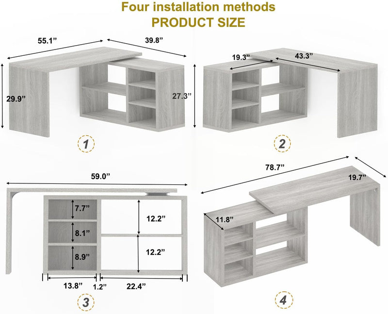 L Shaped Corner Desk with Storage Shelves Reversible