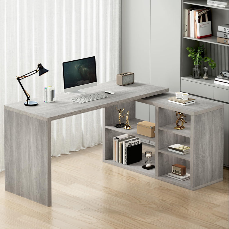 L Shaped Corner Desk with Storage Shelves Reversible