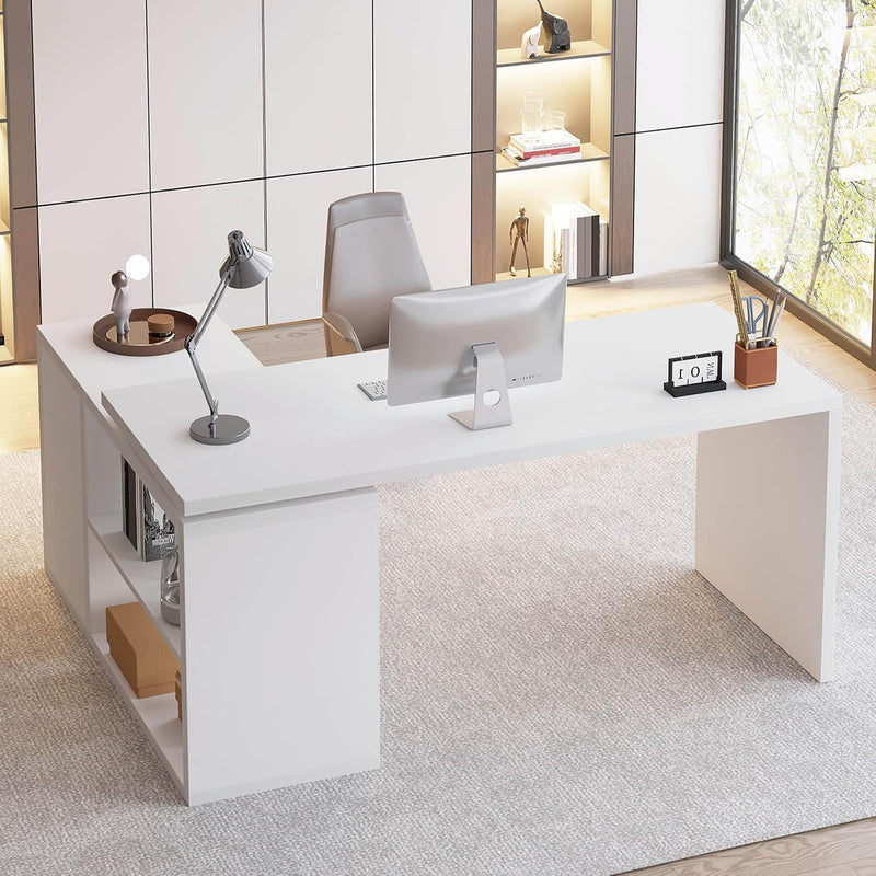 L Shaped Corner Desk with Storage Shelves Reversible