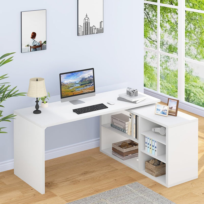 L Shaped Corner Desk with Storage Shelves Reversible