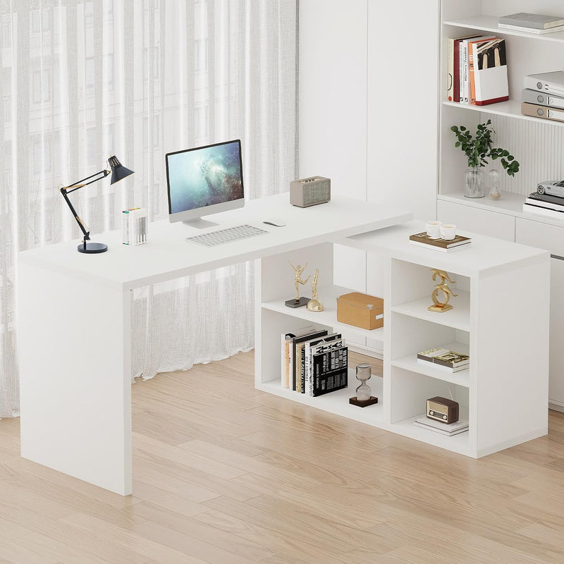 L Shaped Corner Desk with Storage Shelves Reversible