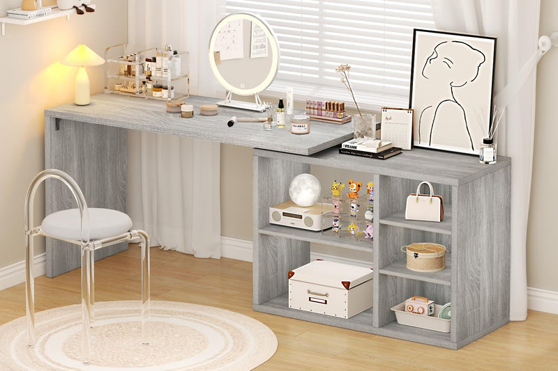 L Shaped Corner Desk with Storage Shelves Reversible