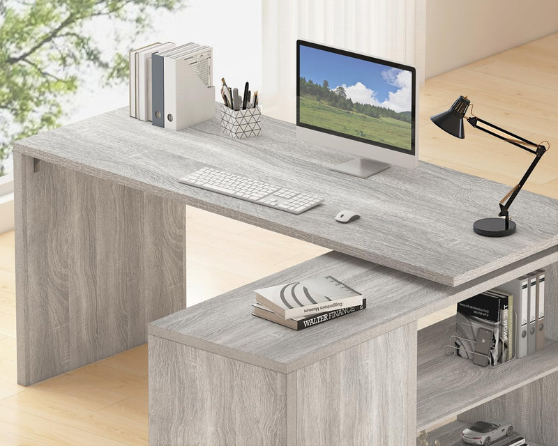 L Shaped Corner Desk with Storage Shelves Reversible