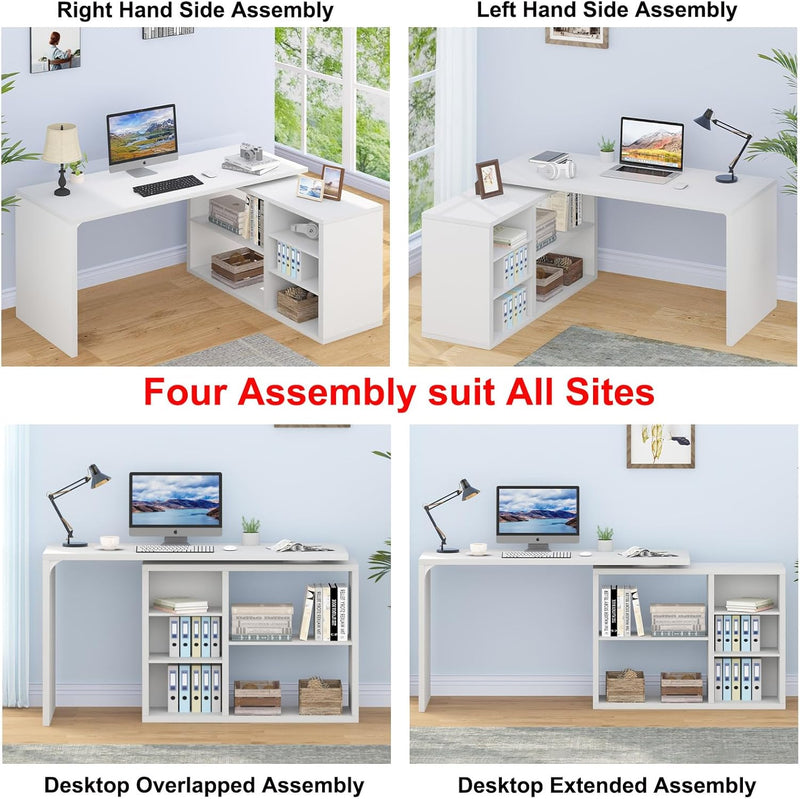 L Shaped Corner Desk with Storage Shelves Reversible