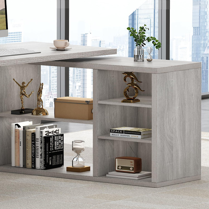 L Shaped Corner Desk with Storage Shelves Reversible