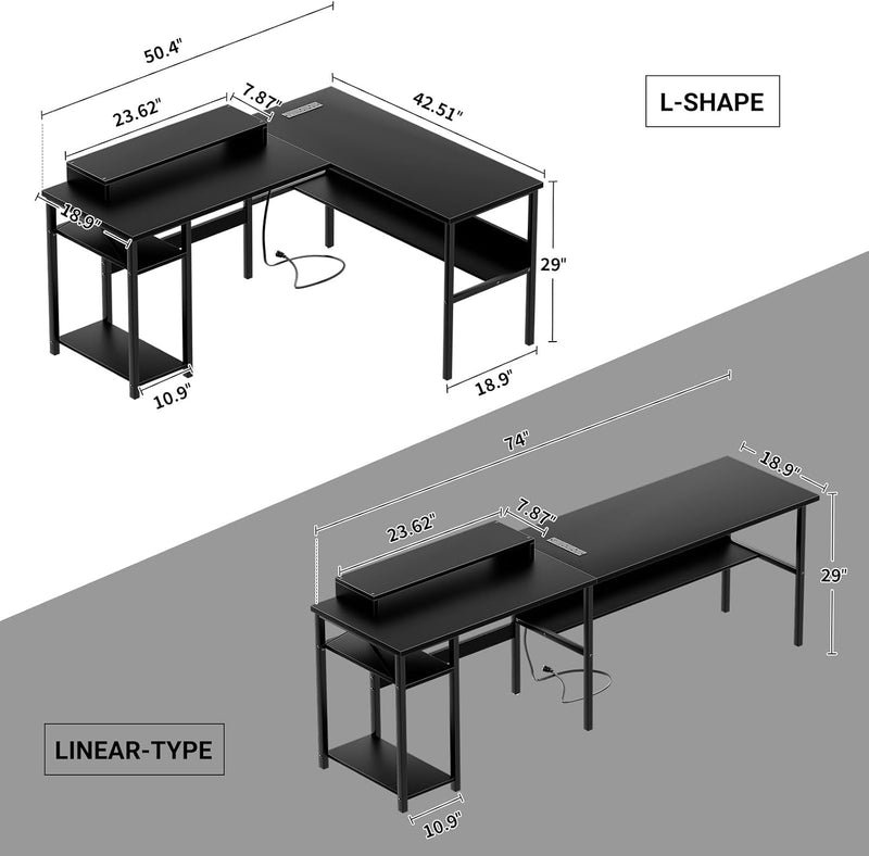 L Shaped Desk Gaming with LED Lights Reversible