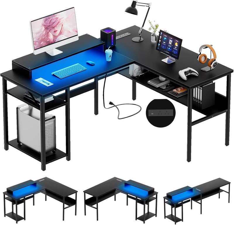 L Shaped Desk Gaming with LED Lights Reversible