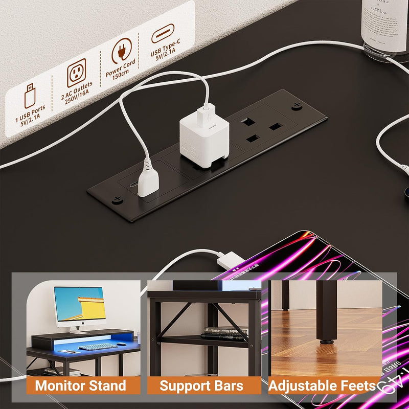 L Shaped Desk Gaming with LED Lights Reversible