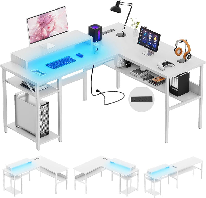 L Shaped Desk Gaming with LED Lights Reversible