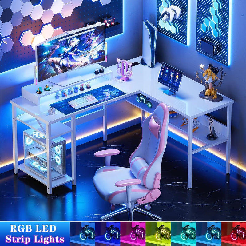 L Shaped Desk Gaming with LED Lights Reversible