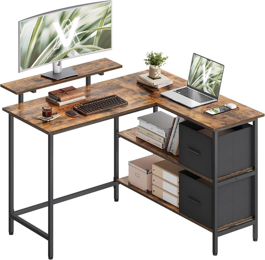 L-Shaped Desk with 2 Spacious Drawers Gaming Monitor