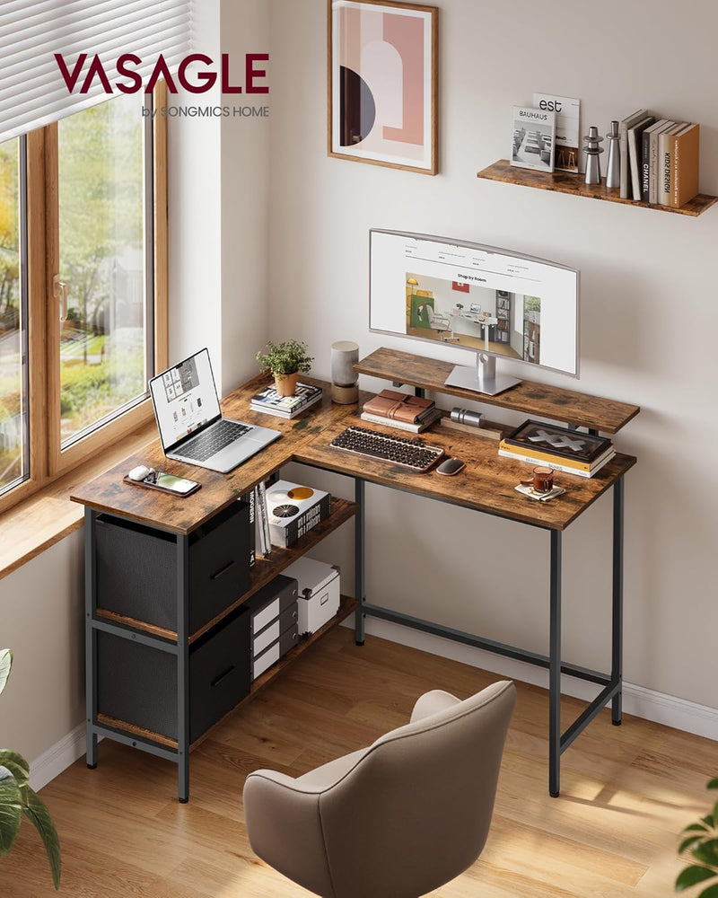 L-Shaped Desk with 2 Spacious Drawers Gaming Monitor