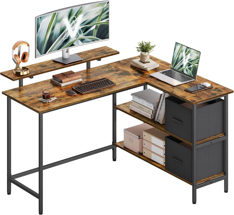 L-Shaped Desk with 2 Spacious Drawers Gaming Monitor