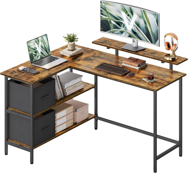 L-Shaped Desk with 2 Spacious Drawers Gaming Monitor