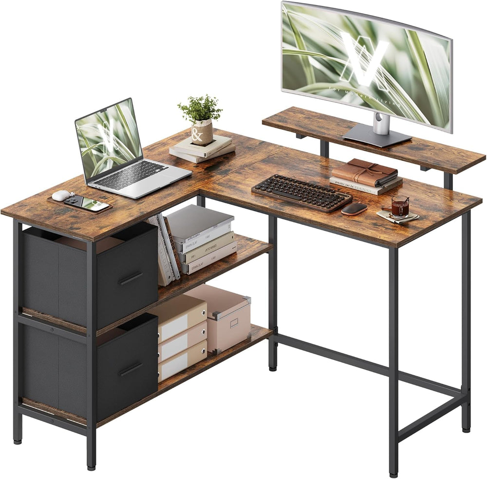 L-Shaped Desk with 2 Spacious Drawers Gaming Monitor