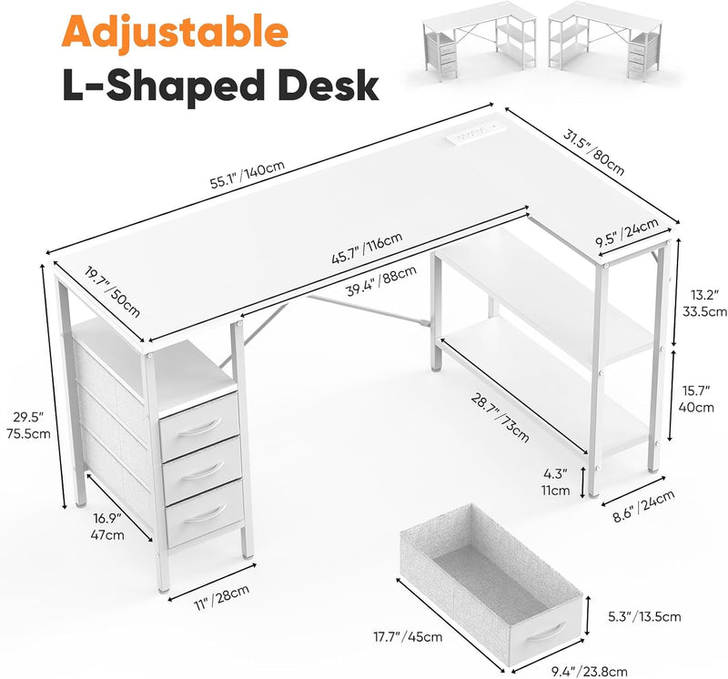 L Shaped Desk with Drawers Gaming 55 Inch