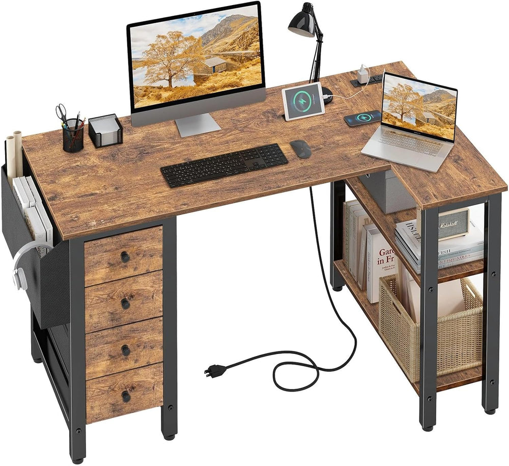 L Shaped Desk with Drawers Storage Shelves 120CM